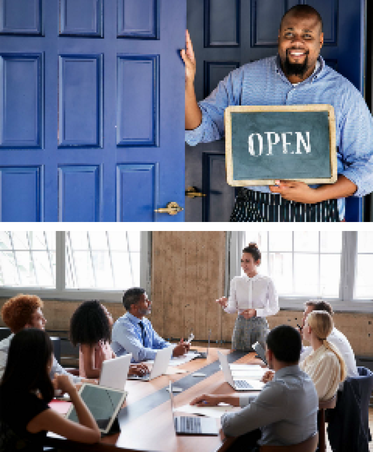 person holding open sign and business meeting