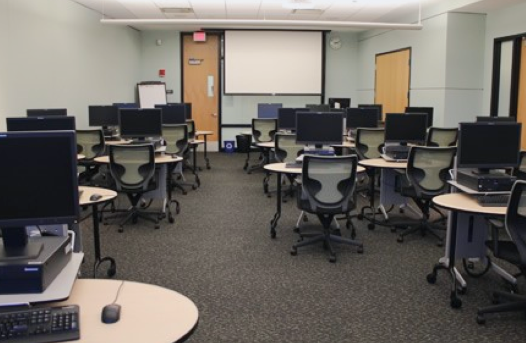 individual computer stations in rows