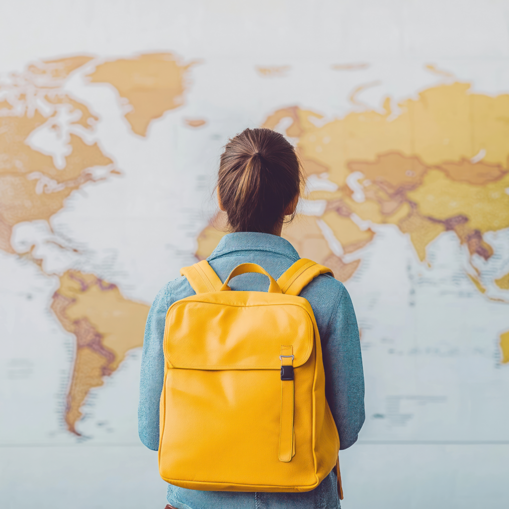 Woman looks at world map with yellow backpack. International education travel opportunities. Global mobility concept. Person considering education work abroad. Student pro. Study abroad internship.