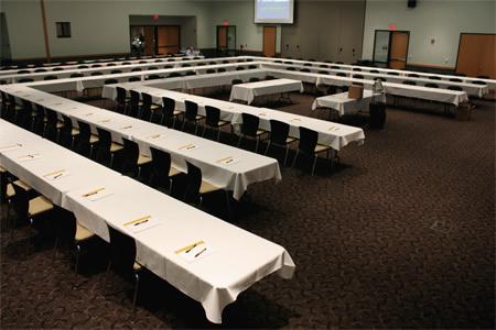 tables lined up in U-shape