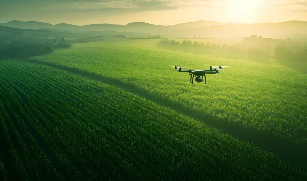 Field Drone flying over field