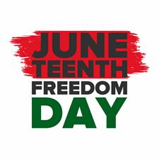 A red black and green logo that reads: "Juneteenth Freedom Day"
