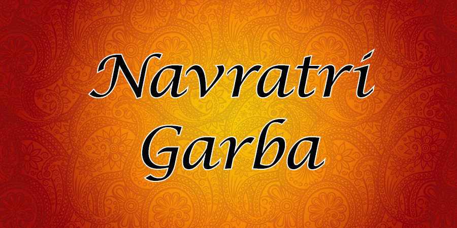 "Navratri Garba" in dark font with an orange background