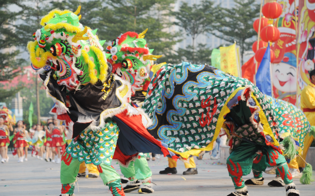 Colorful dragon costumes and presentation