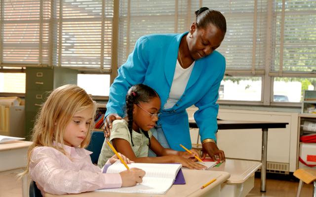 Teacher working with young students