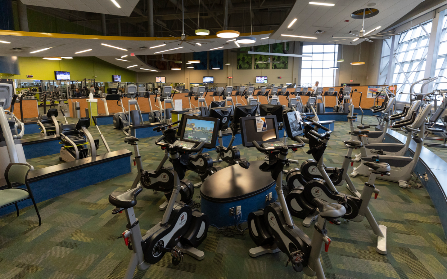 fitness center treadmills and bikes