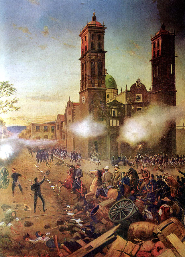 Battle scene in Puebla, Mexico