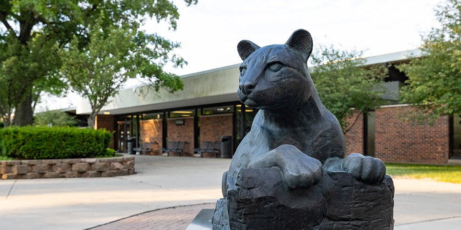 Ocelot statue with school building in the background