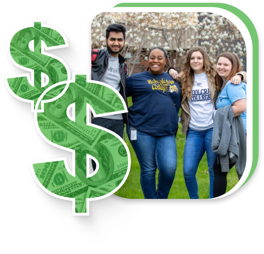 group of students smiling dollar signs