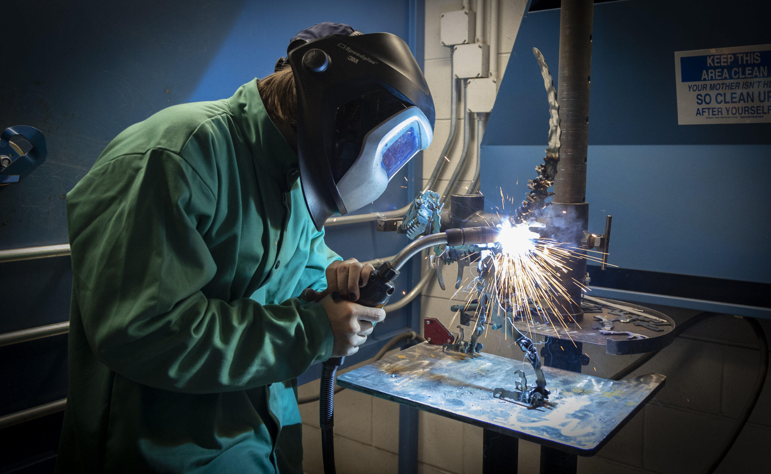 welder working, sparks flying