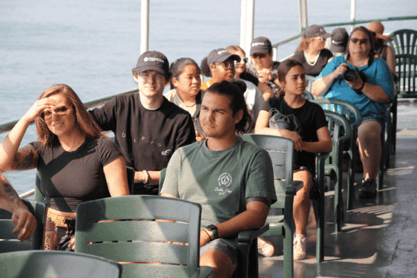 students sitting and riding a large boat
