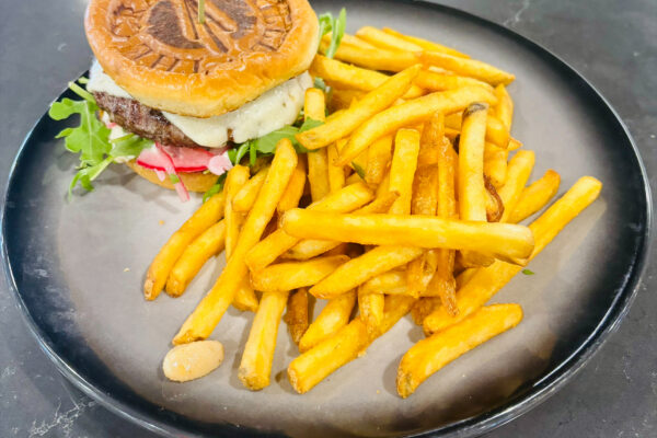 hamburger and fries on plate