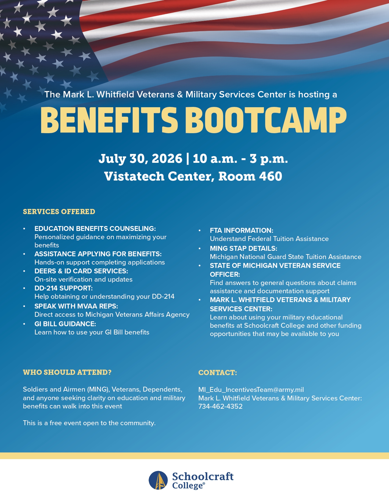 blue flyer with american flag heading titled "benefits bootcamp"