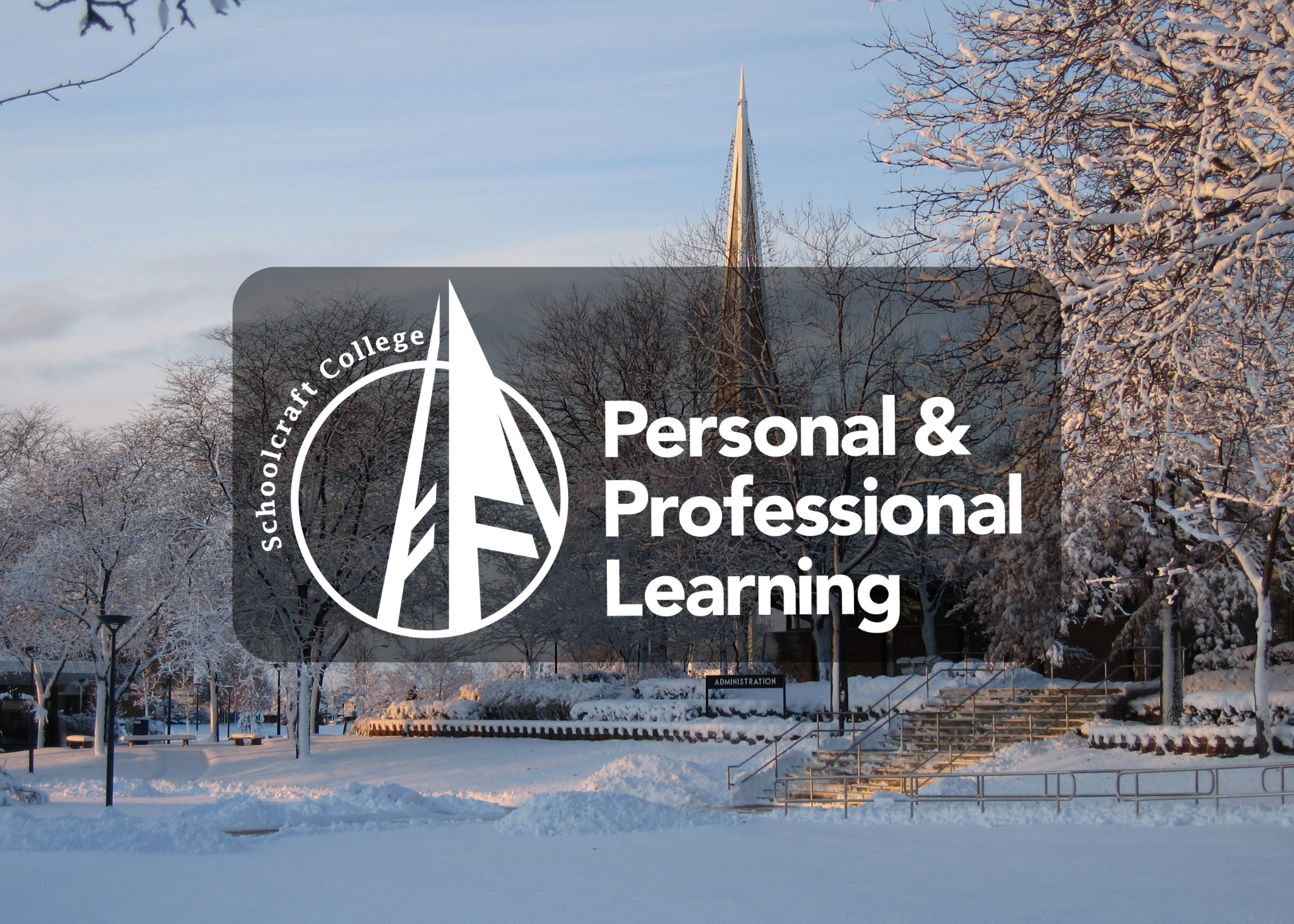 snow on schoolcraft's campus with the personal and professional learning logo